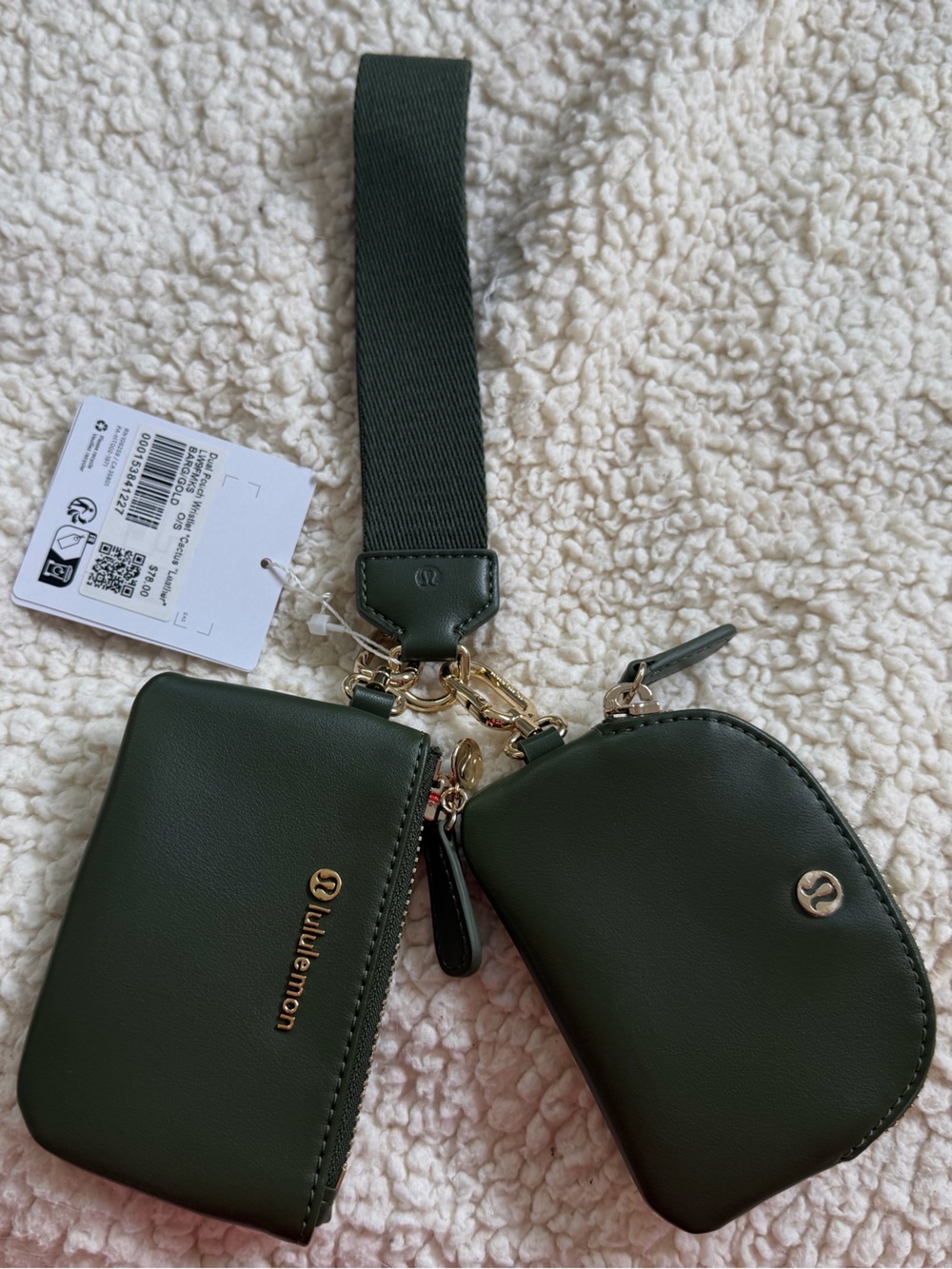 NWT lululemon athletica dual pouch wristlet in cactus leather and gold